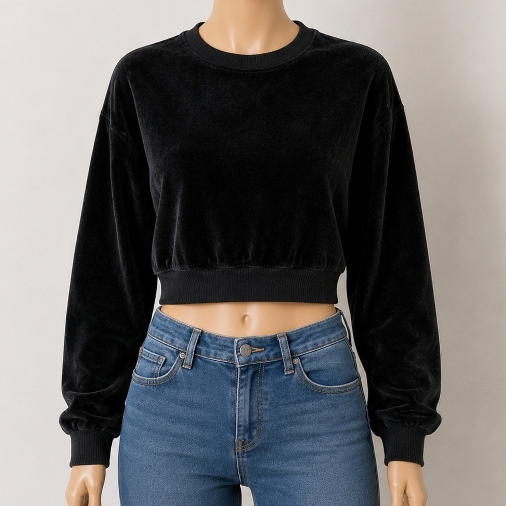 H&M Divided Women Sweatshirt Black‎ Ribbed Velour Cropped XS
